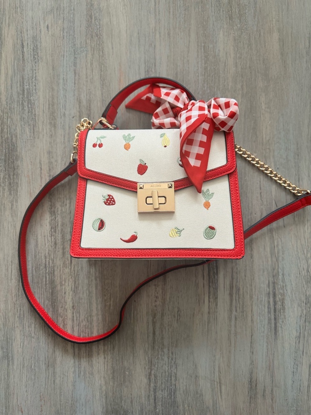 ALDO Red & Cream Fruit-Print Crossbody with Gingham Scarf